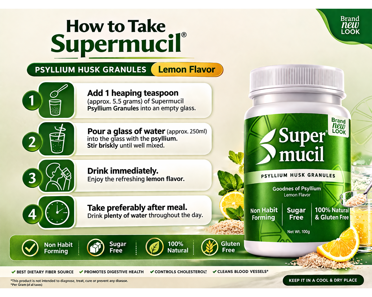 SUPERMUCIL Psyllium Granules: 100 Gms Lemon Flavor: Sugar Free - Image 5
