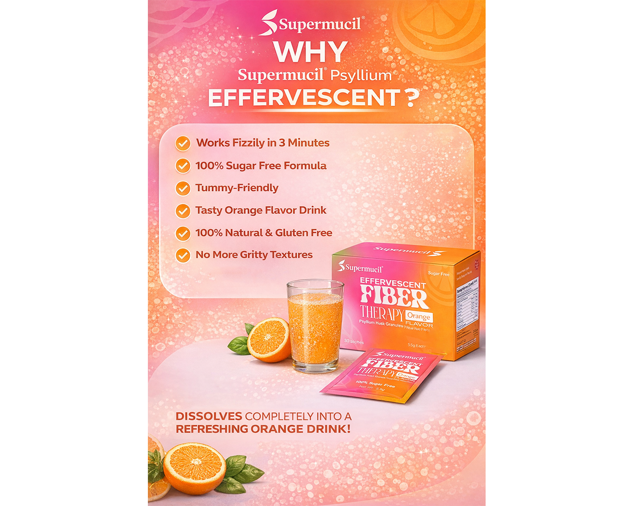 SUPERMUCIL Psyllium (Sat Isabgol) Effervescent Fiber Therapy Orange Flavor | Sugar-Free Digestive Fiber Supplement | Supports Constipation Relief & Gut Health | 30 Sachets (5.5g Each) - Image 6