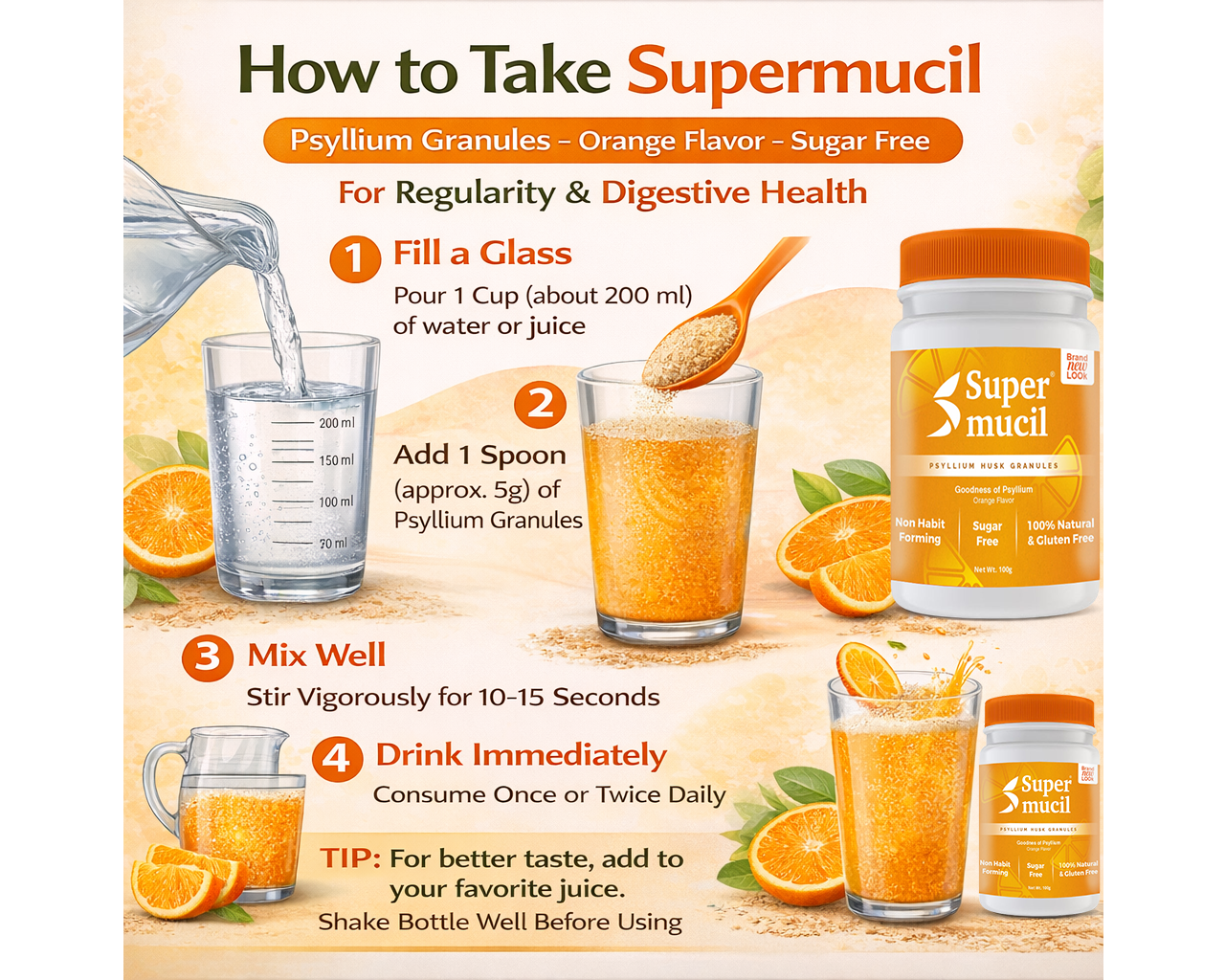 Supermucil Psyllium Husk Granules Orange Flavor 100g | Sugar Free Natural Fiber Supplement - Image 6