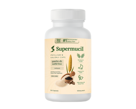 SUPERMUCIL Psyllium Husk with Kalonji Capsules 120 Capsules (500mg Each) | Natural Isabgol Fiber Supplement | Supports Gut Health, Digestion & Regular Bowel Movement | High Fiber Formula