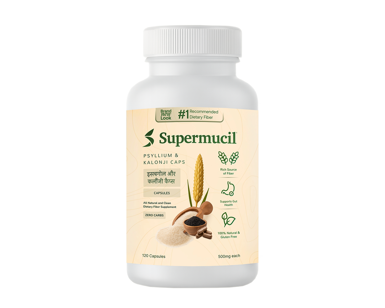 SUPERMUCIL Psyllium Husk with Kalonji Capsules 120 Capsules (500mg Each) | Natural Isabgol Fiber Supplement | Supports Gut Health, Digestion & Regular Bowel Movement | High Fiber Formula